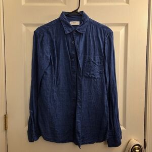 Uniqlo Men's XS 100% Linen Button Up Shirt Spread Collar Royal Blue